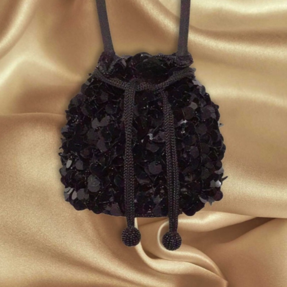Evening Bag Beaded Sequins Drawstring Evening Bla… - image 1